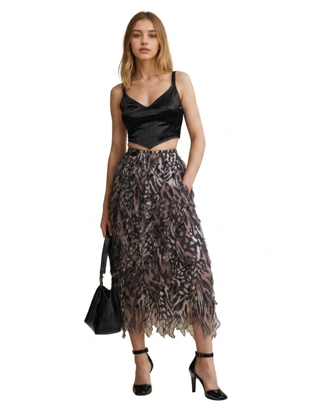 Tadashi Brown and Black feathered Layered Animal-Print Feathered Midi Skirt